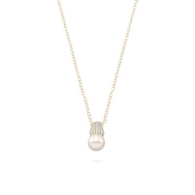 Freshwater Cultured Pearl & Diamond Drop Pendant Necklace in 14K Yellow Gold (1/5 ct. tw.)