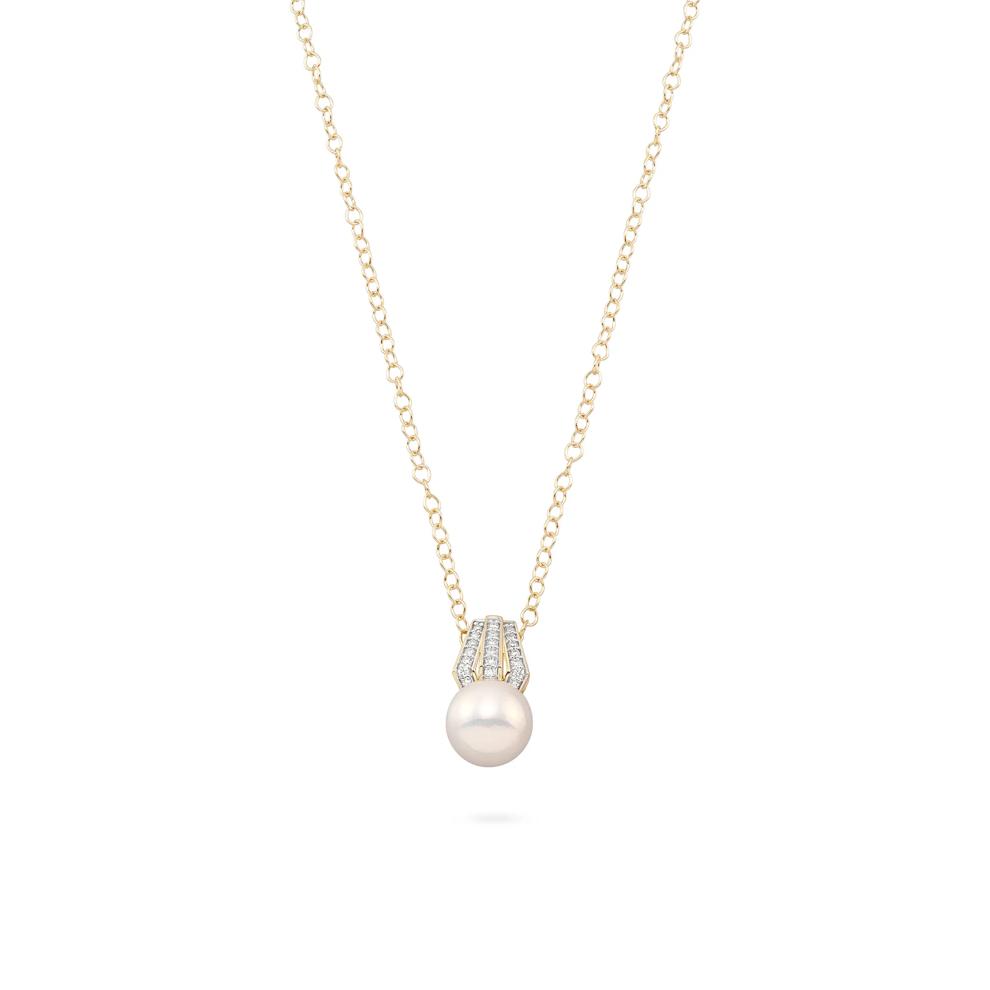 Freshwater Cultured Pearl &amp; Diamond Drop Pendant Necklace in 14K Yellow Gold (1/5 ct. tw.) – Image 1 of 4