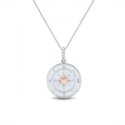 Diamond Accent Compass Medallion Pendant in Sterling Silver & 14K Rose Gold