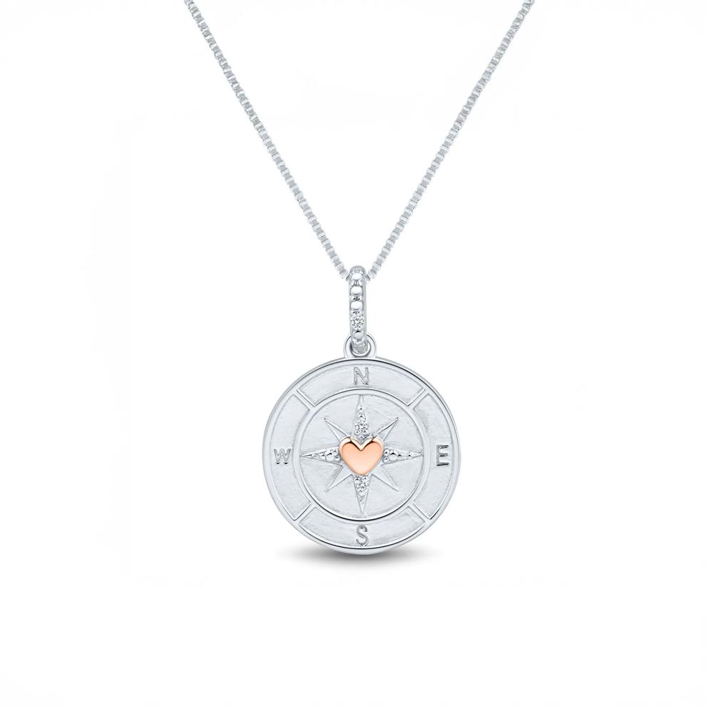 Diamond Accent Compass Medallion Pendant in Sterling Silver &amp; 14K Rose Gold – Image 1 of 4