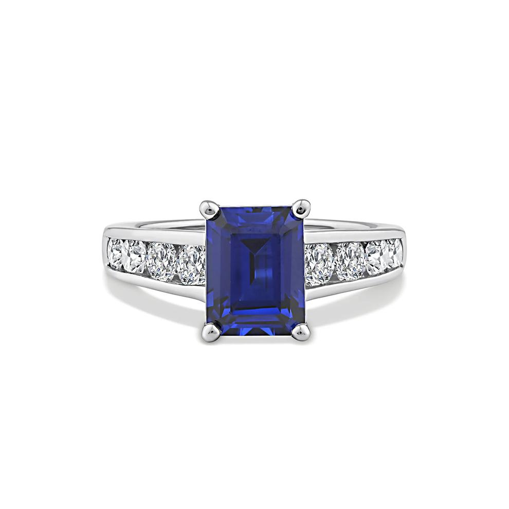 Emerald-Cut Lab-Created Blue Sapphire &amp; Lab Grown Diamond Ring in 10K White Gold (1 ct. tw.) – Image 1 of 4