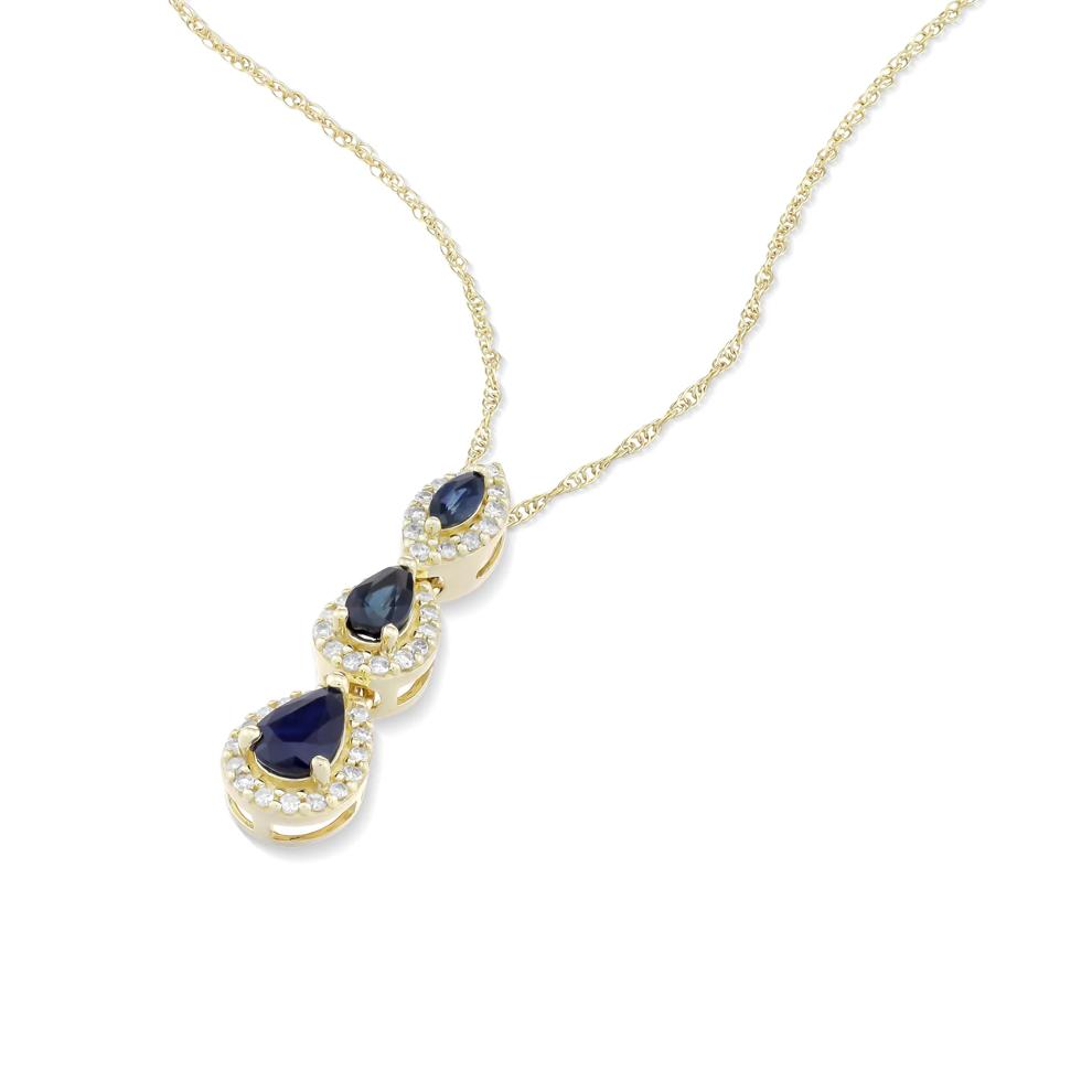 Blue Sapphire &amp; Diamond Trio Drop Pendant Necklace in 10K Yellow Gold (1/5 ct. tw.) – Image 4 of 4