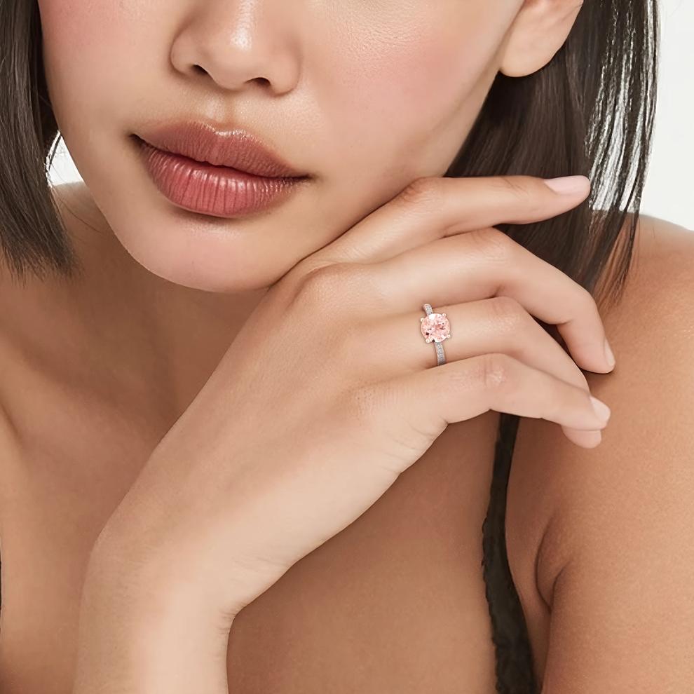 Round Morganite Ring with Diamond Band in 14K Rose Gold (1/3 ct. tw.) – Image 4 of 4