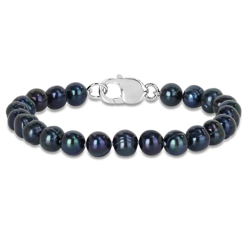 Men&#39;s Off-Round Black Freshwater Cultured Pearl Bracelet in Sterling Silver – Image 1 of 4