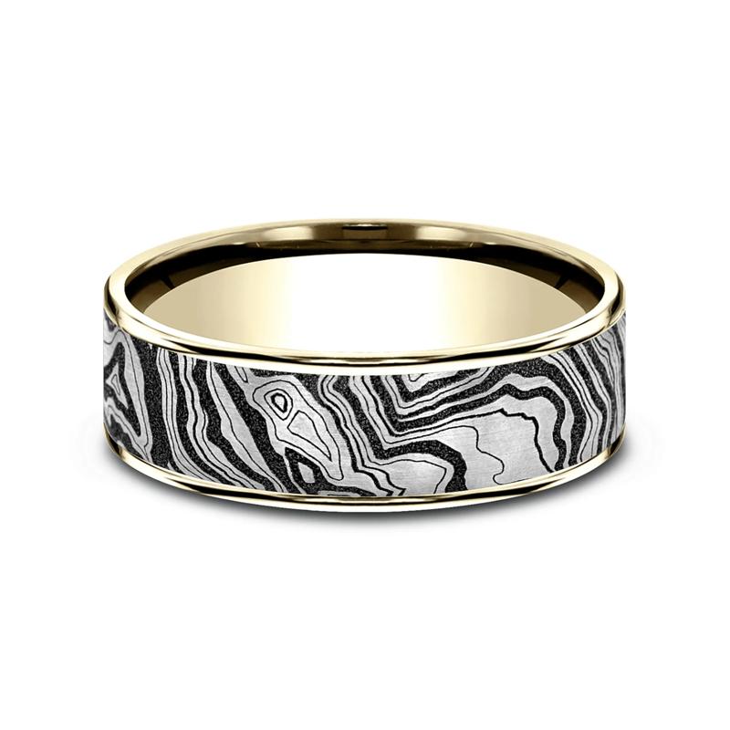 Men&rsquo;s Topography Pattern Wedding Band in Titanium &amp; 14K Gold, 7.5MM – Image 1 of 3