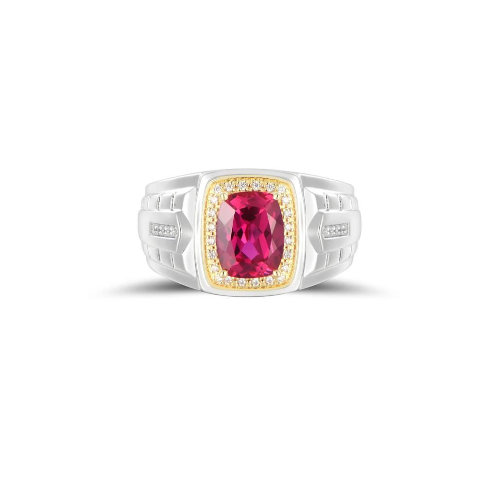 Men's Lab-Created Ruby and Diamond Ring in Sterling Silver and 10K Yellow Gold (1/8 ct. tw.) – Image 1 of 3