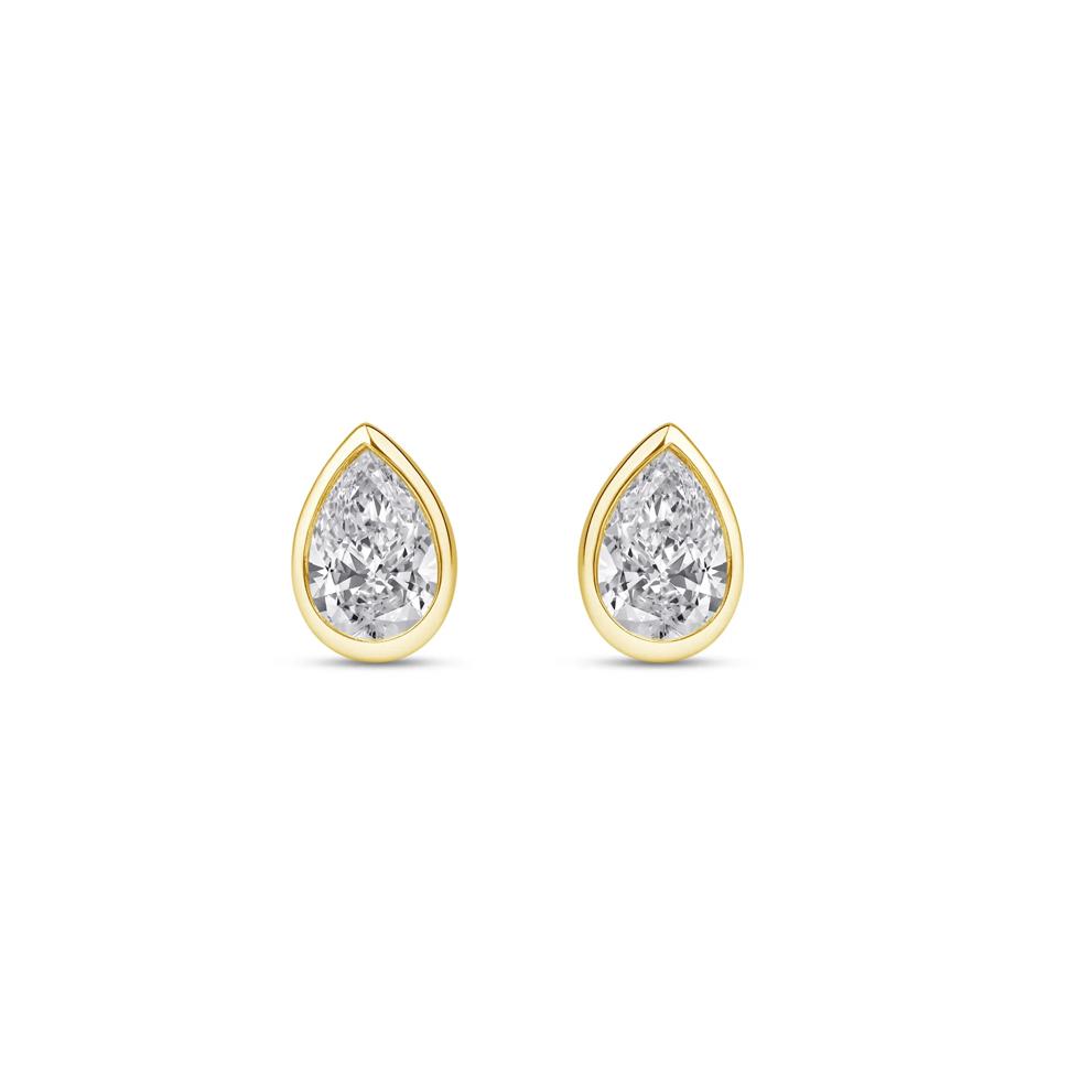 Lab Grown Diamond Bezel-Set Pear-Shaped Solitaire Stud Earrings in 14K Yellow Gold (1/4 ct. tw.) – Image 2 of 3