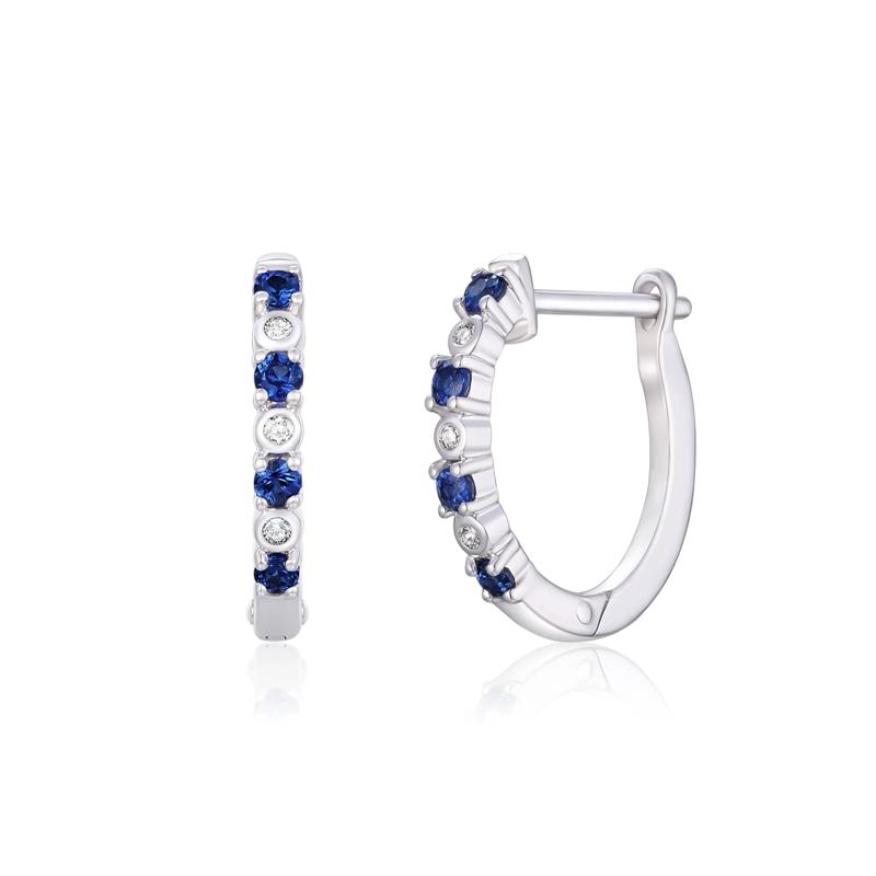 Blue Sapphire and Diamond Accent Hoop Earrings in 10K White Gold – Image 1 of 1