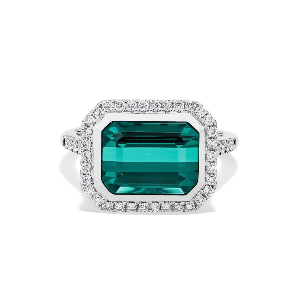 Green Tourmaline &amp; Diamond Halo Ring in 14K White Gold (3/8 ct. tw.) – Image 1 of 2