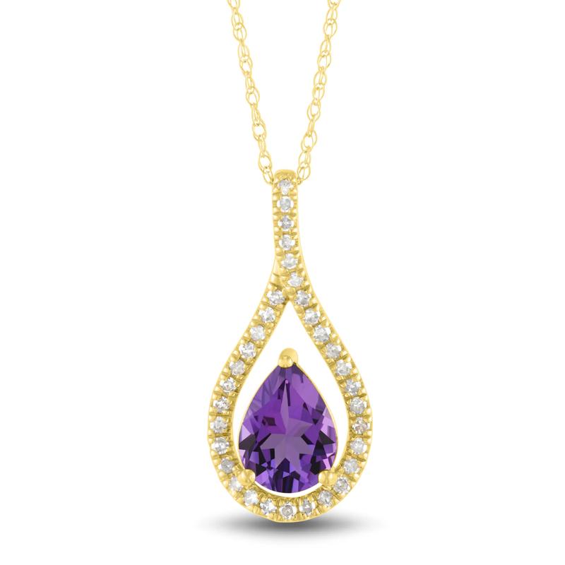 Pear-Shaped Amethyst and Diamond Drop Pendant in 10K Yellow Gold &#40;1/7 ct. tw.&#41; – Image 1 of 3