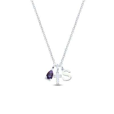 Personalized Cross, Initial and Gemstone Charm Necklace
