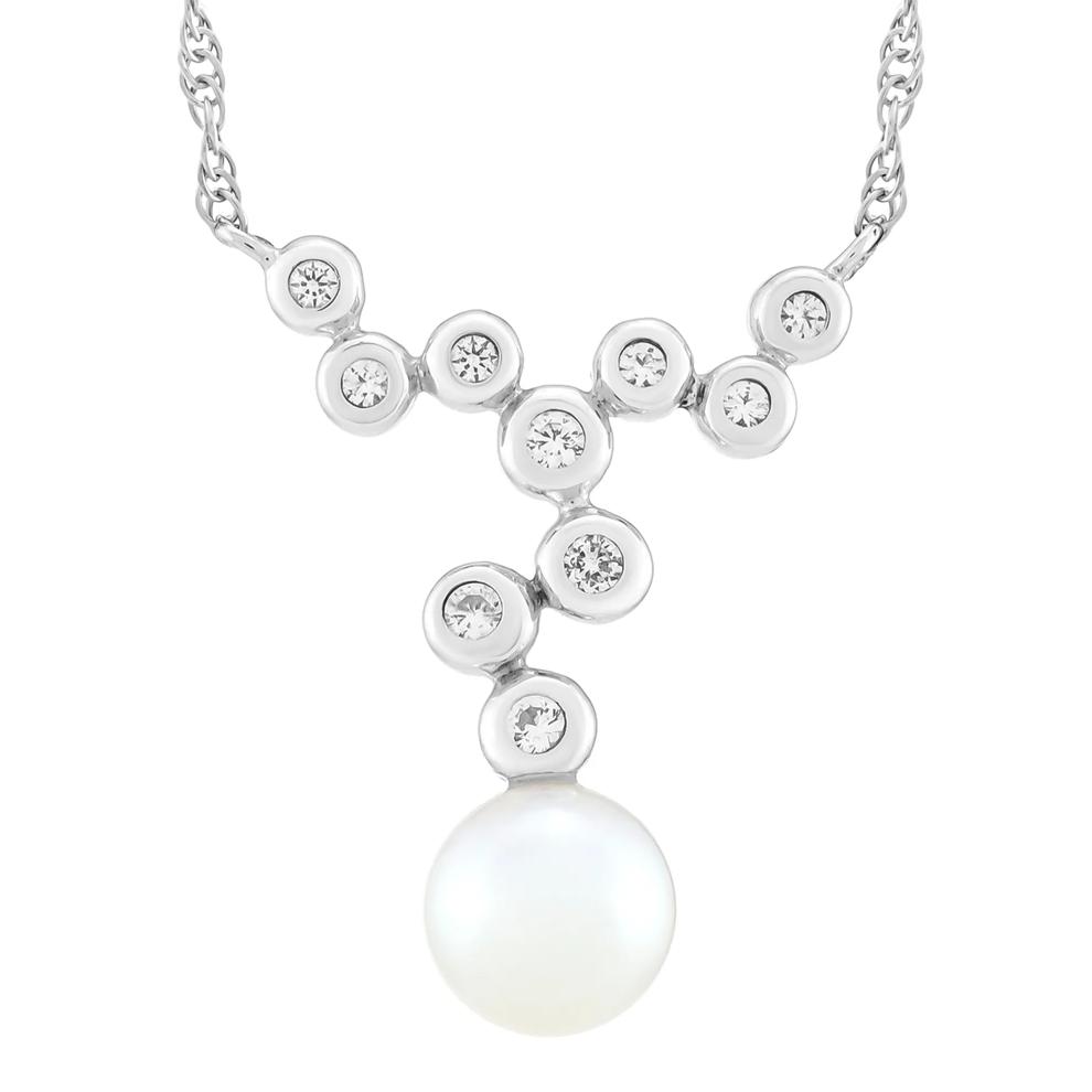 Freshwater Cultured Pearl and Lab-Created White Sapphire Bezel Scatter Necklace in Sterling Silver – Image 1 of 3