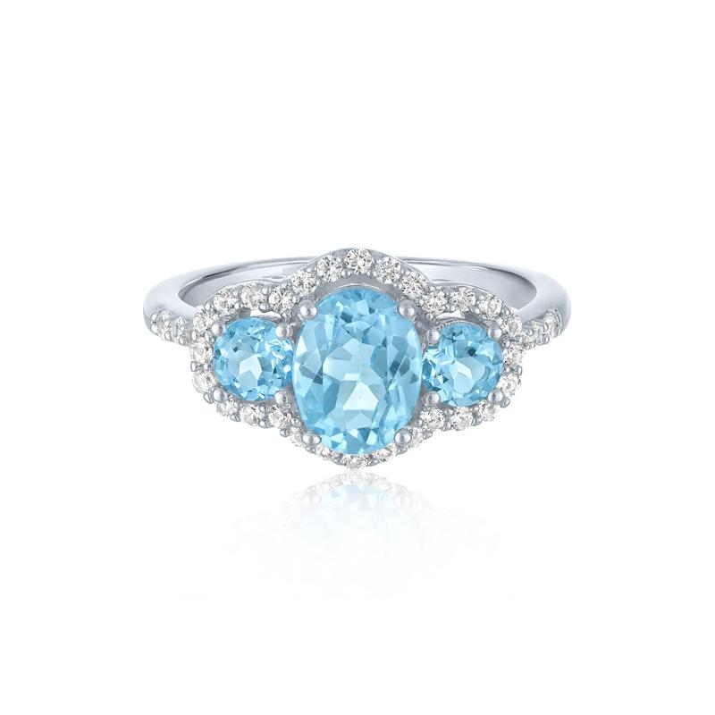 Swiss Blue Topaz &amp; Lab-Created White Sapphire Three-Stone Ring in Sterling Silver – Image 1 of 3