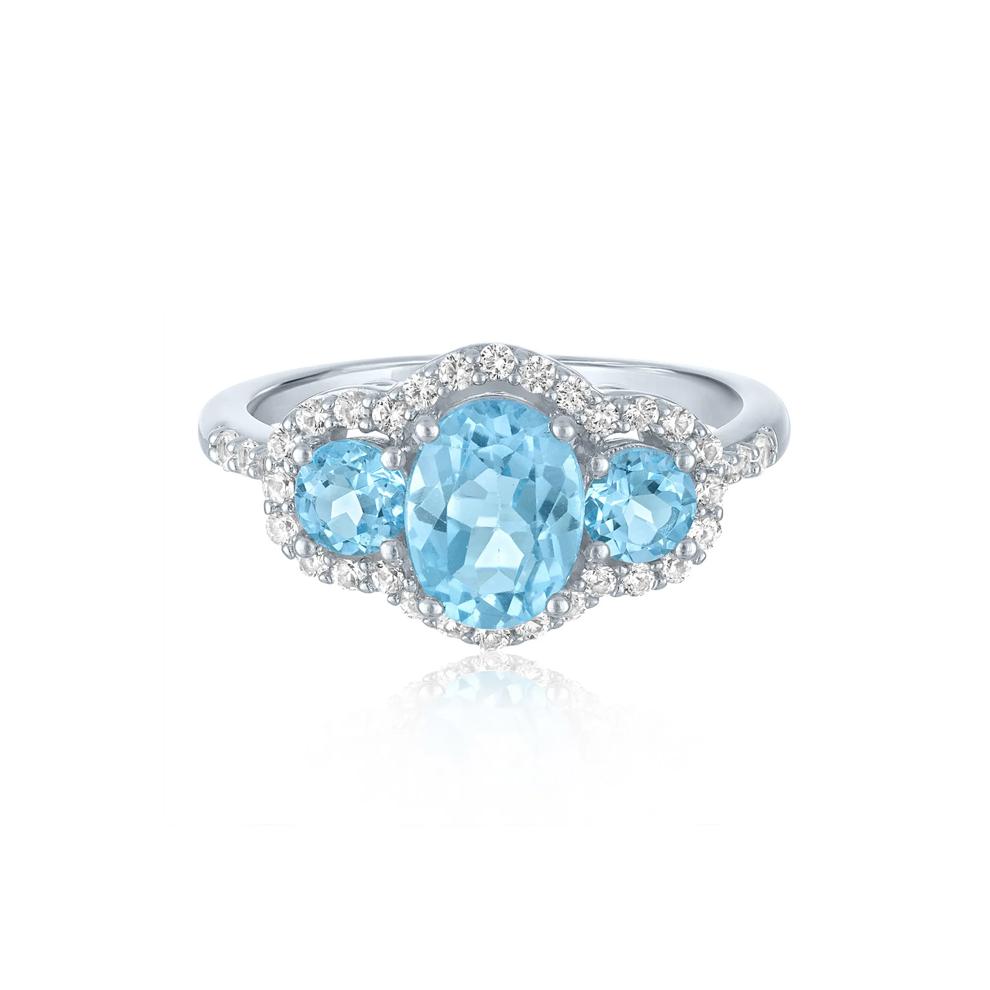 Swiss Blue Topaz &amp; Lab-Created White Sapphire Three-Stone Ring in Sterling Silver – Image 1 of 3