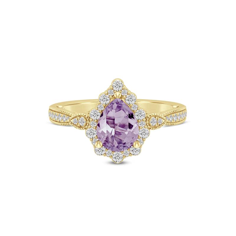 Pear-Shaped Rose De France Amethyst &amp; Diamond Engagement Ring in 14K Yellow Gold &#40;1/3 ct. tw.&#41; – Image 1 of 3