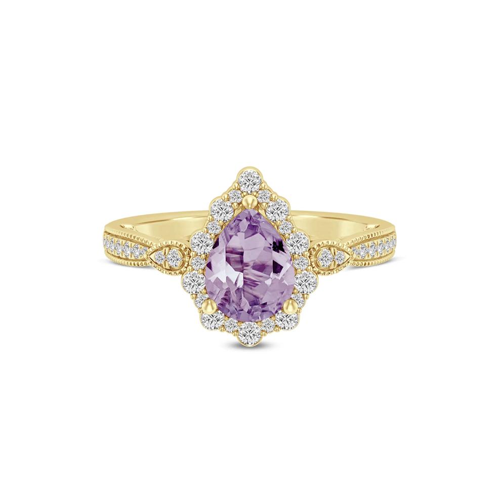 Pear-Shaped Rose De France Amethyst &amp; Diamond Engagement Ring in 14K Yellow Gold (1/3 ct. tw.) – Image 1 of 3