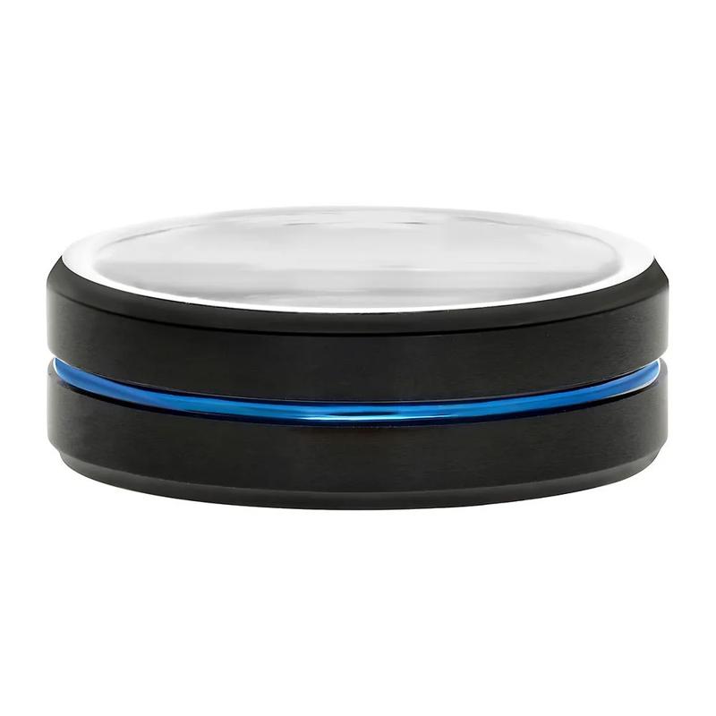 Men&#39;s Striped Band in Stainless Steel, 8MM – Image 1 of 2