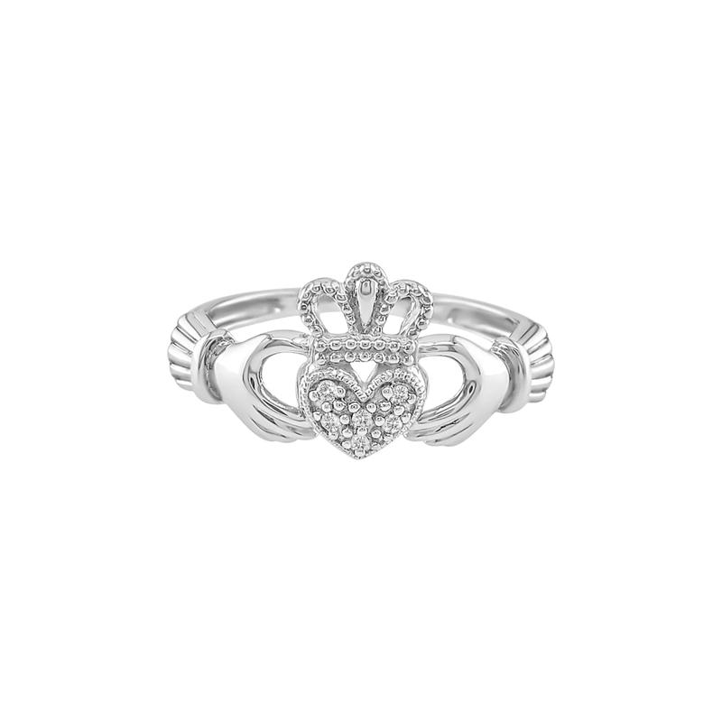 Irish Claddagh Ring with Diamond Accents in 10K White Gold – Image 1 of 3
