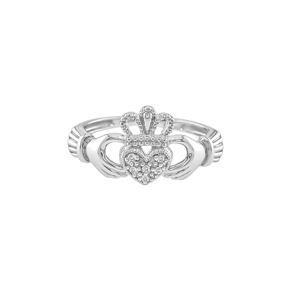 Irish Claddagh Ring with Diamond Accents in 10K White Gold – Image 1 of 3
