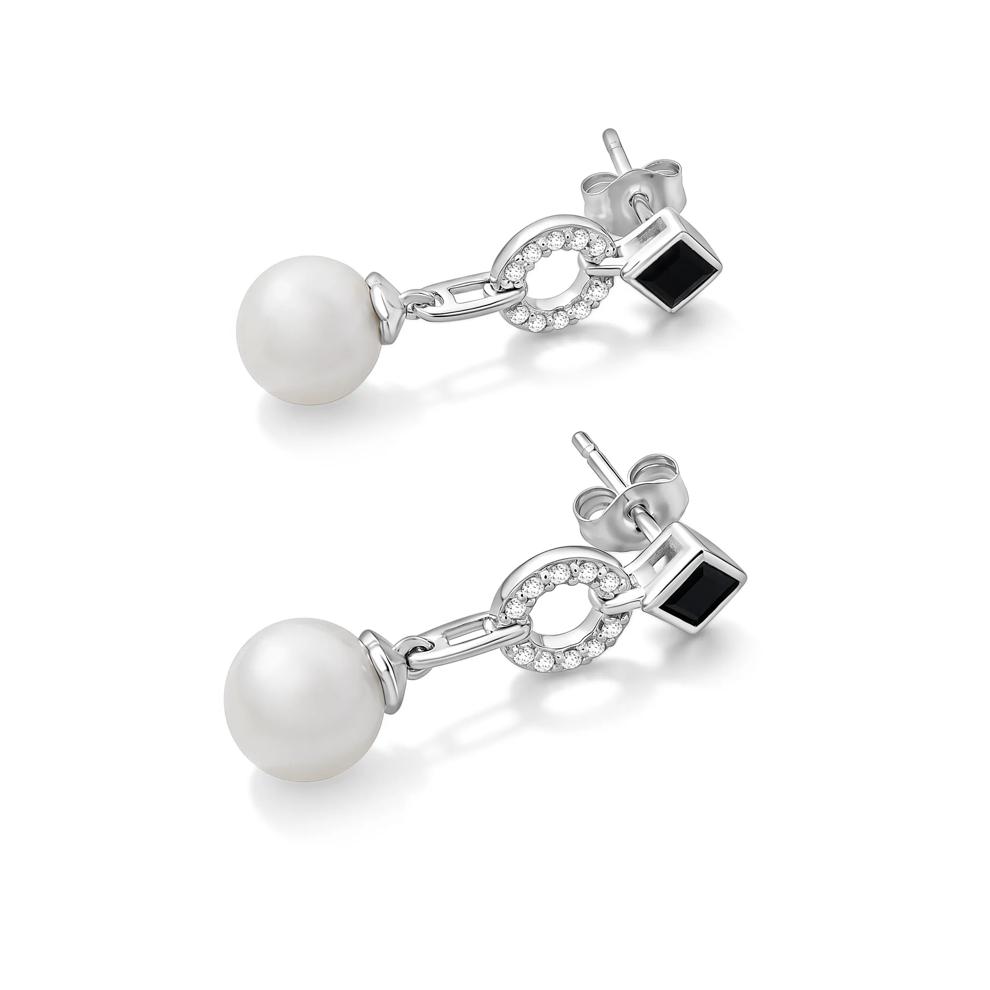 Freshwater Cultured Pearl, Onyx &amp; Lab-Created White Sapphire Drop Earrings in Sterling Silver – Image 2 of 2