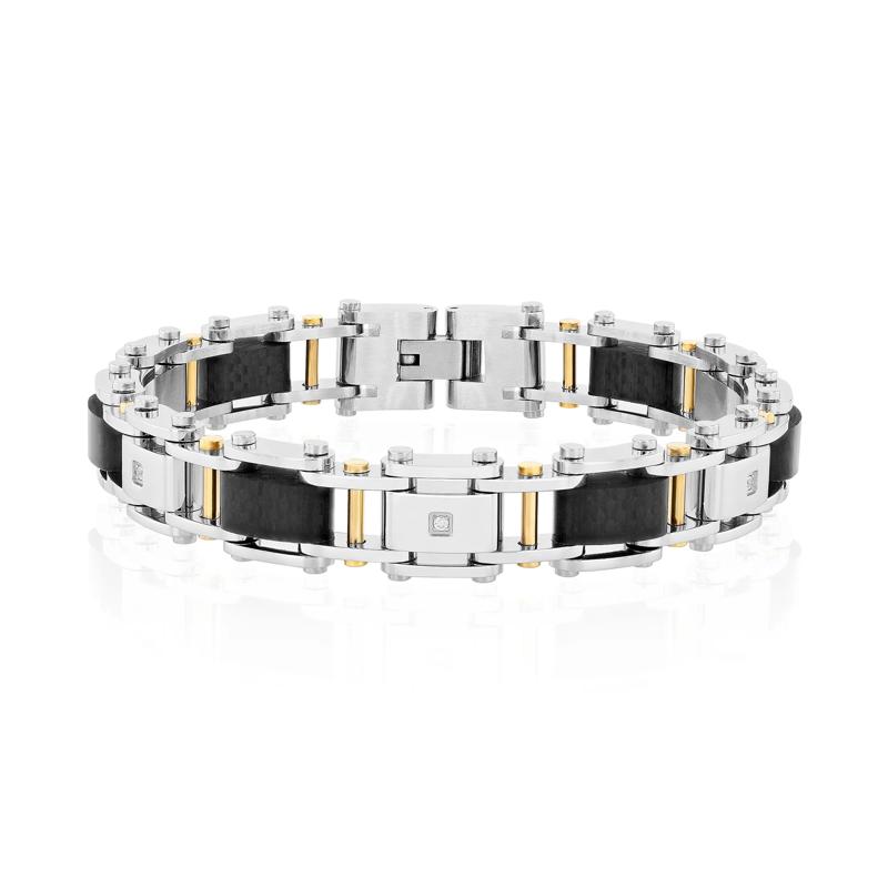 Diamond Accent Bracelet with Carbon Fiber in Two-Tone Ion-Plated Stainless Steel – Image 1 of 3