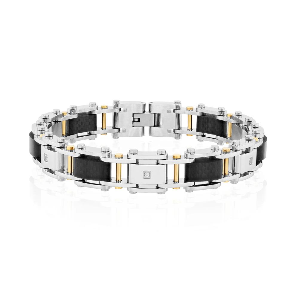 Diamond Accent Bracelet with Carbon Fiber in Two-Tone Ion-Plated Stainless Steel – Image 1 of 3