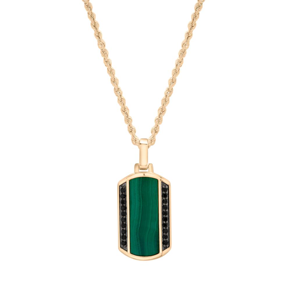 Men's Green Malachite and Black Diamond Dog Tag Pendant in 10K Yellow Gold (1/3 ct. tw.) – Image 1 of 4