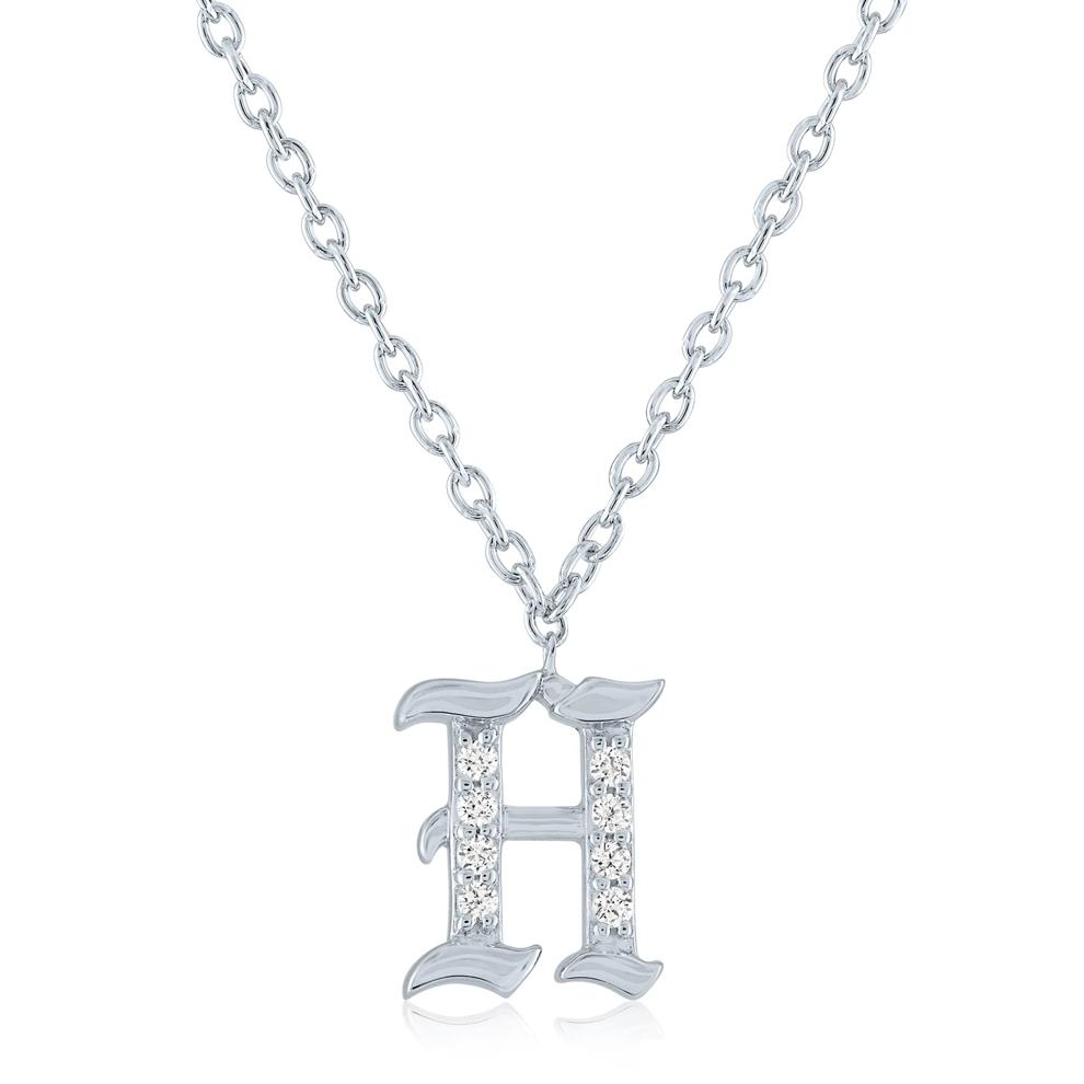 Diamond Accent Gothic Script H Initial Pendant in Sterling Silver  – Image 1 of 2