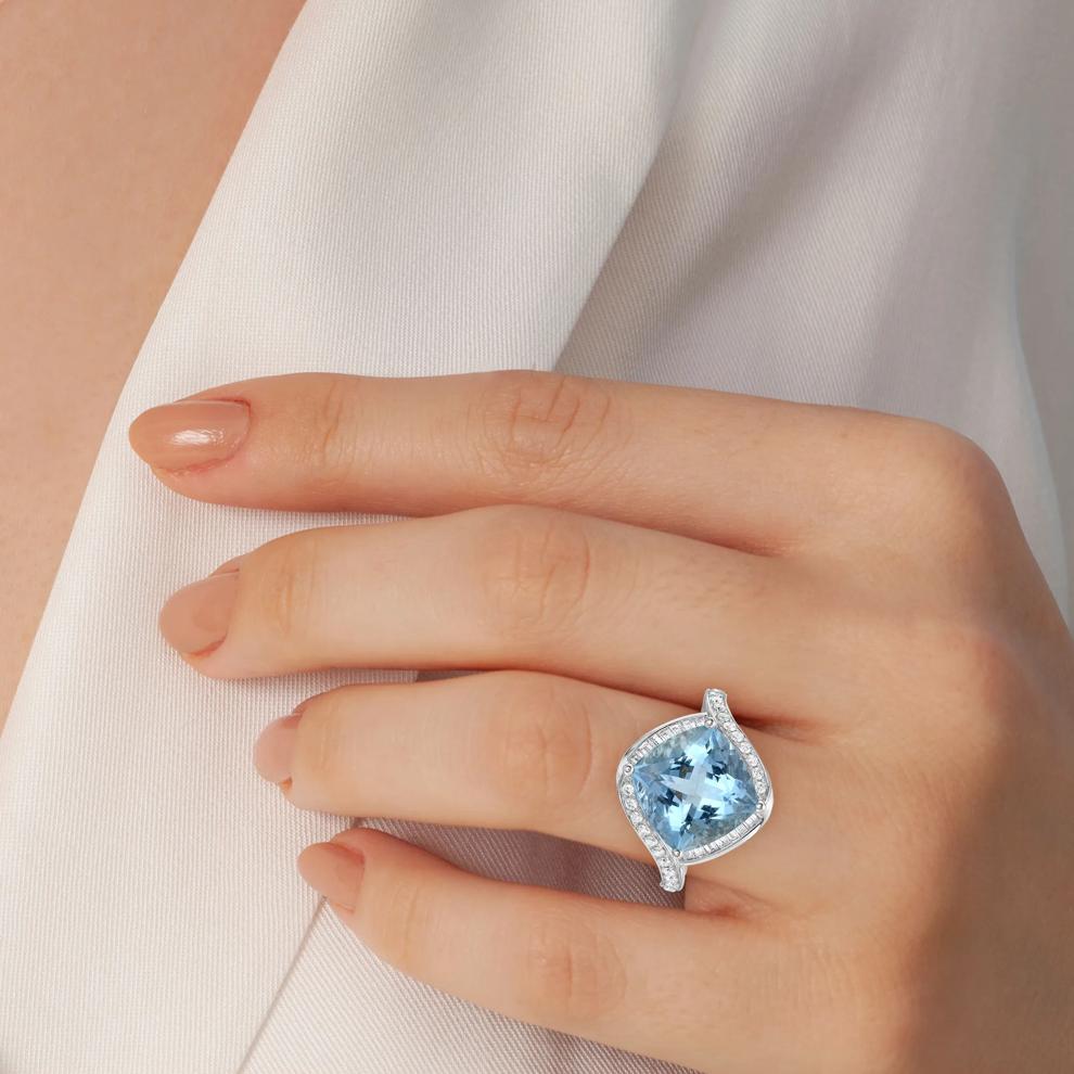 Cushion-Cut Aquamarine and Diamond Ring in 14K White Gold (5/8 ct. tw.) – Image 5 of 5