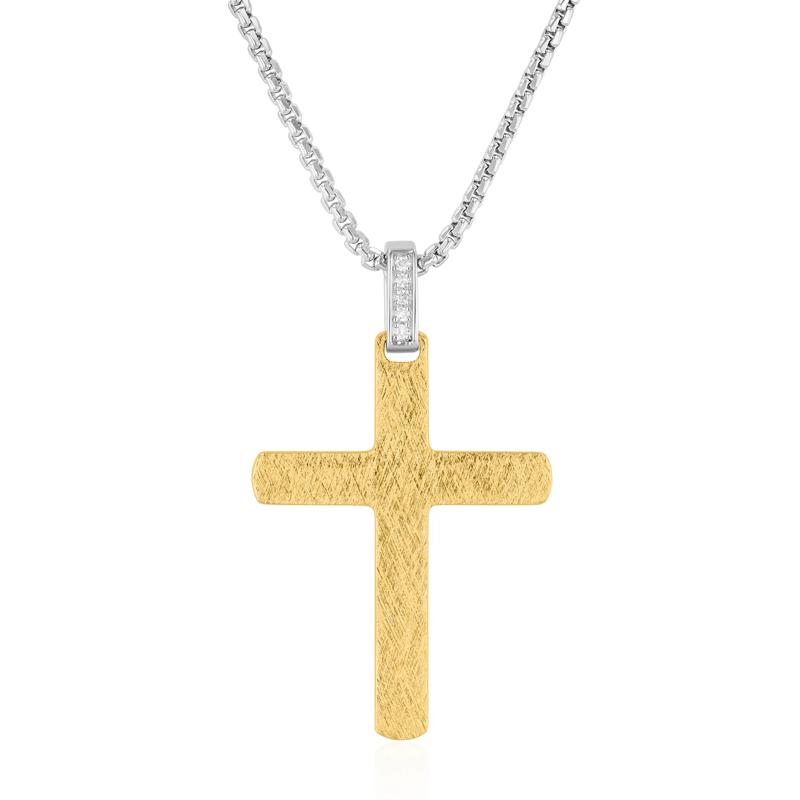 Men&#39;s Brushed Cross Pendant in Sterling Silver and Vermeil – Image 1 of 3