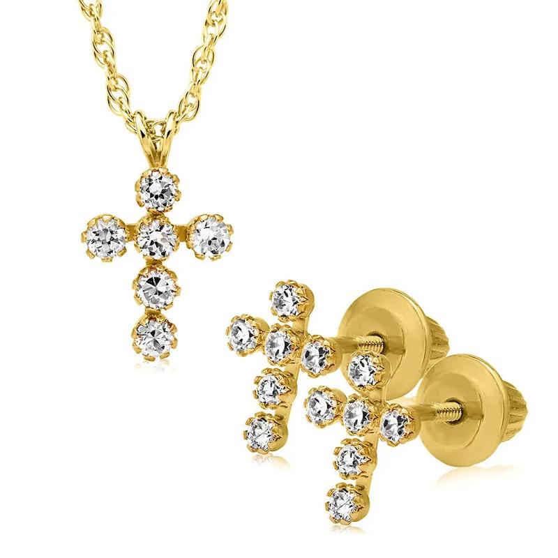 Children&#39;s Cubic Zirconia Cross Pendant &amp; Earring Set in 14K Yellow Gold – Image 1 of 1