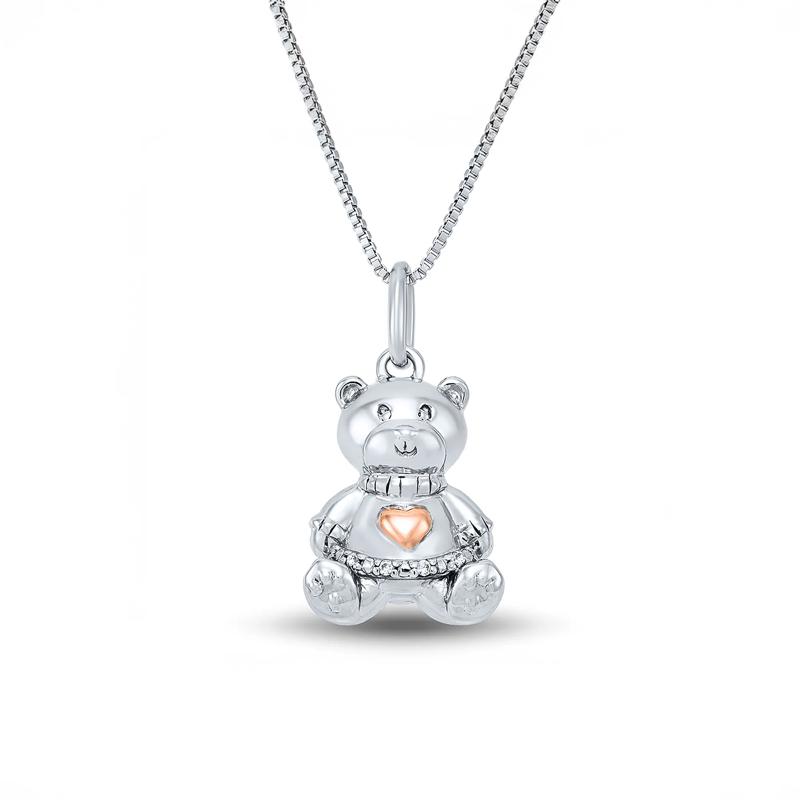 Diamond Accent Teddy Bear Pendant in Sterling Silver and 14K Rose Gold – Image 1 of 3