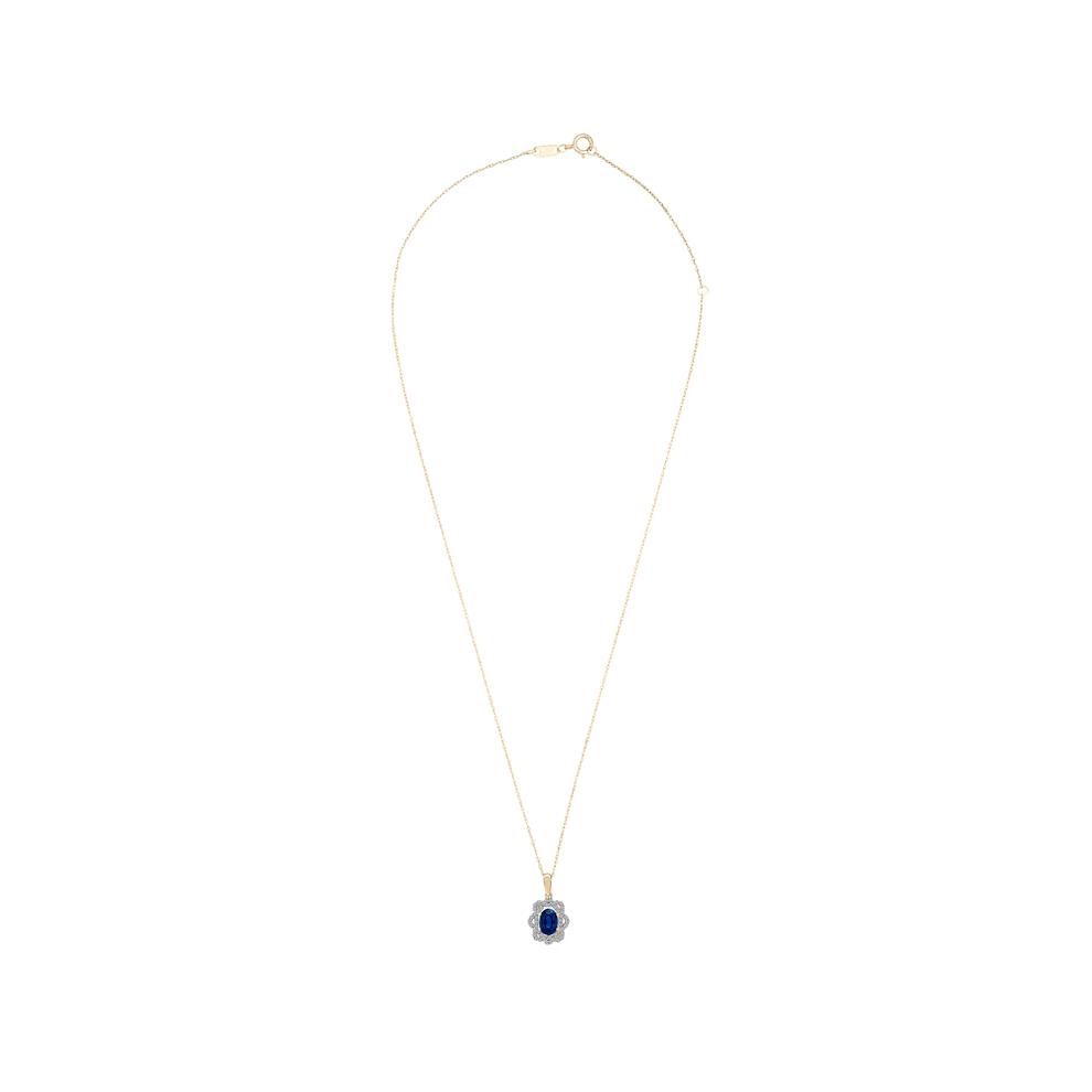Blue Sapphire &amp; Diamond Halo Pendant Necklace in 10K Yellow Gold (1/4 ct. tw.) – Image 4 of 4