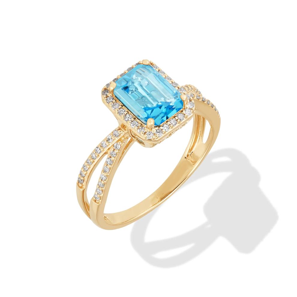 Blue Topaz &amp; Diamond Halo Ring in 10K Yellow Gold (1/4 ct. tw.) – Image 3 of 4