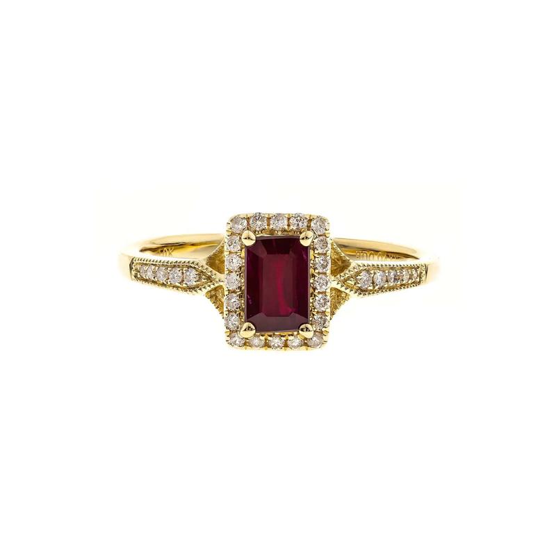 Emerald-Cut Ruby &amp; Diamond Ring in 10K Yellow Gold &#40;1/8 ct. tw.&#41; – Image 1 of 3