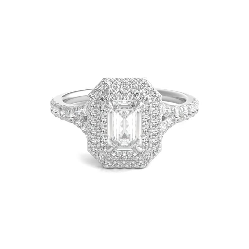 Diamond Emerald Step-Cut Double Halo Engagement Ring in 14K White Gold &#40;1 1/2 ct. tw.&#41; – Image 1 of 4