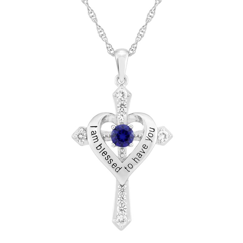 I Am Blessed to Have You Lab-Created Blue Sapphire and Lab-Created White Sapphire Cross Pendant in Sterling Silver – Image 1 of 3