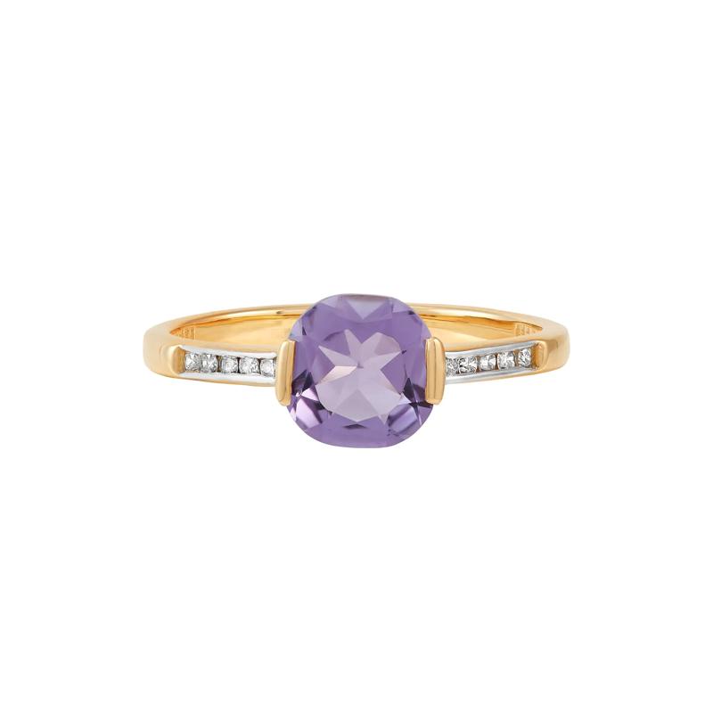 Cushion-Cut Amethyst and Diamond Ring in 10K Yellow Gold &#40;1/10 ct. tw.&#41; – Image 1 of 3