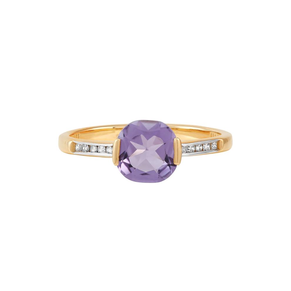 Cushion-Cut Amethyst and Diamond Ring in 10K Yellow Gold (1/10 ct. tw.) – Image 1 of 3