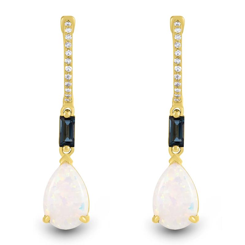 Lab-Created Opal, London Blue Topaz &amp; Diamond Accent Drop Earrings in 10K Yellow Gold  – Image 2 of 2