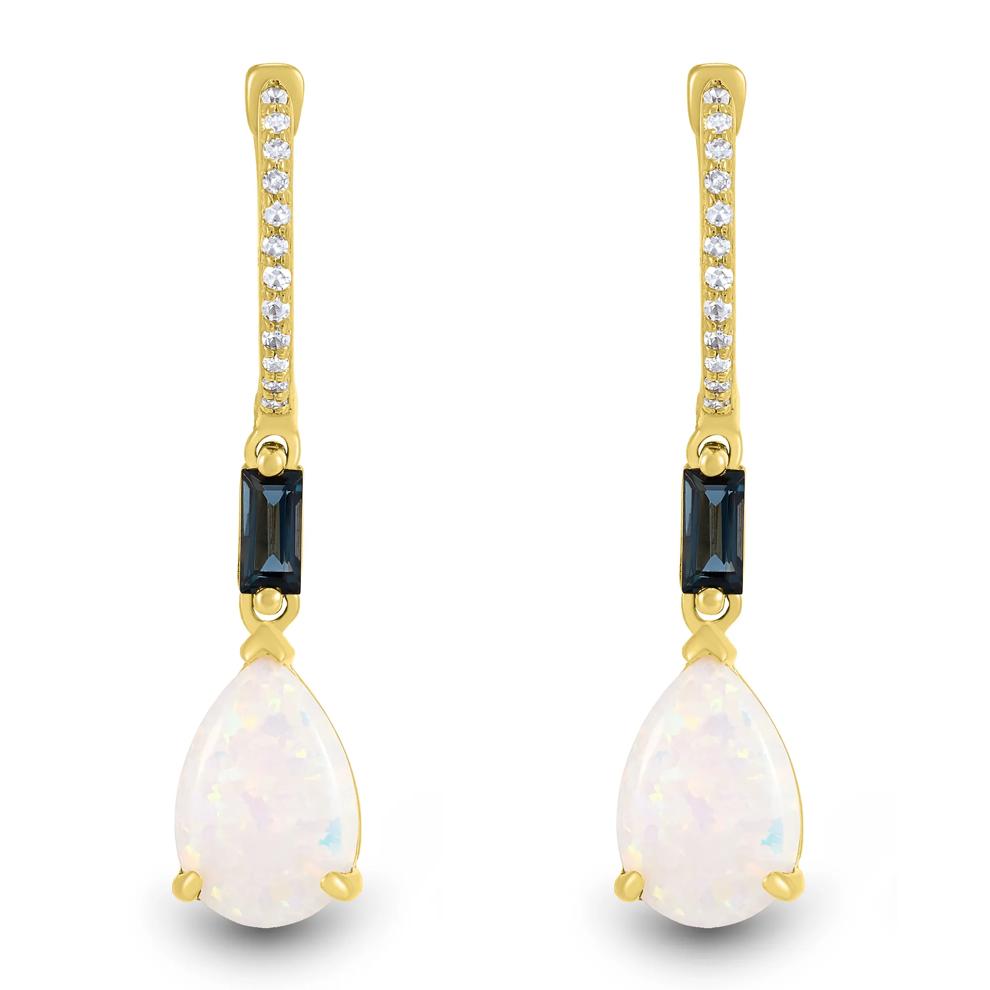 Lab-Created Opal, London Blue Topaz &amp; Diamond Accent Drop Earrings in 10K Yellow Gold  – Image 2 of 2