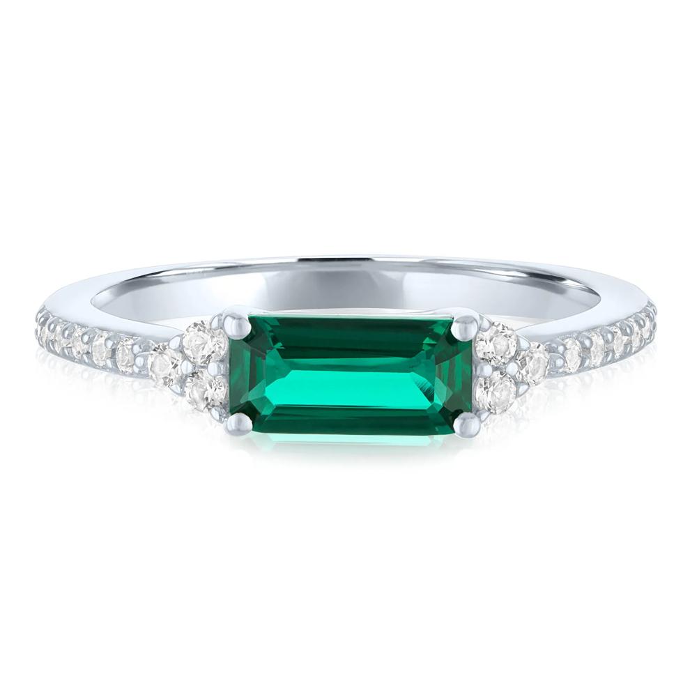 Lab-Created Emerald &amp; Lab-Created White Sapphire East-West Ring in Sterling Silver – Image 1 of 3