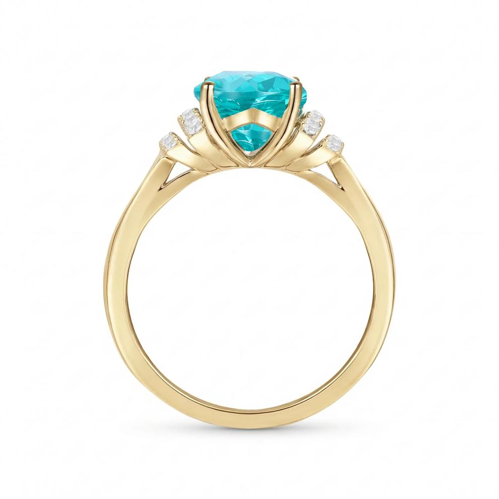 Lab-Created Paraiba Tourmaline &amp; Diamond Ring in 10K Yellow Gold (1/7 ct. tw.) – Image 2 of 4
