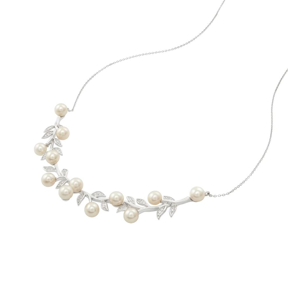 Freshwater Cultured Pearl &amp; Diamond Accent Leafy Necklace in Sterling Silver – Image 4 of 4