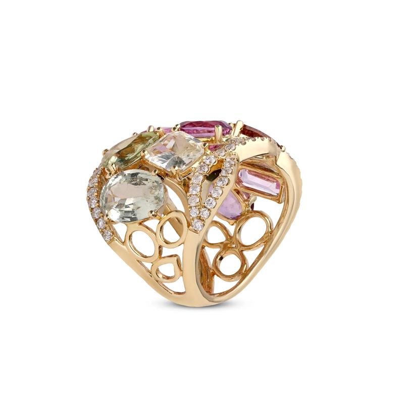 Mixed Tourmaline &amp; Diamond Wide Band Scatter Ring in 14K Yellow Gold &#40;3/4 ct. tw.&#41; – Image 3 of 5