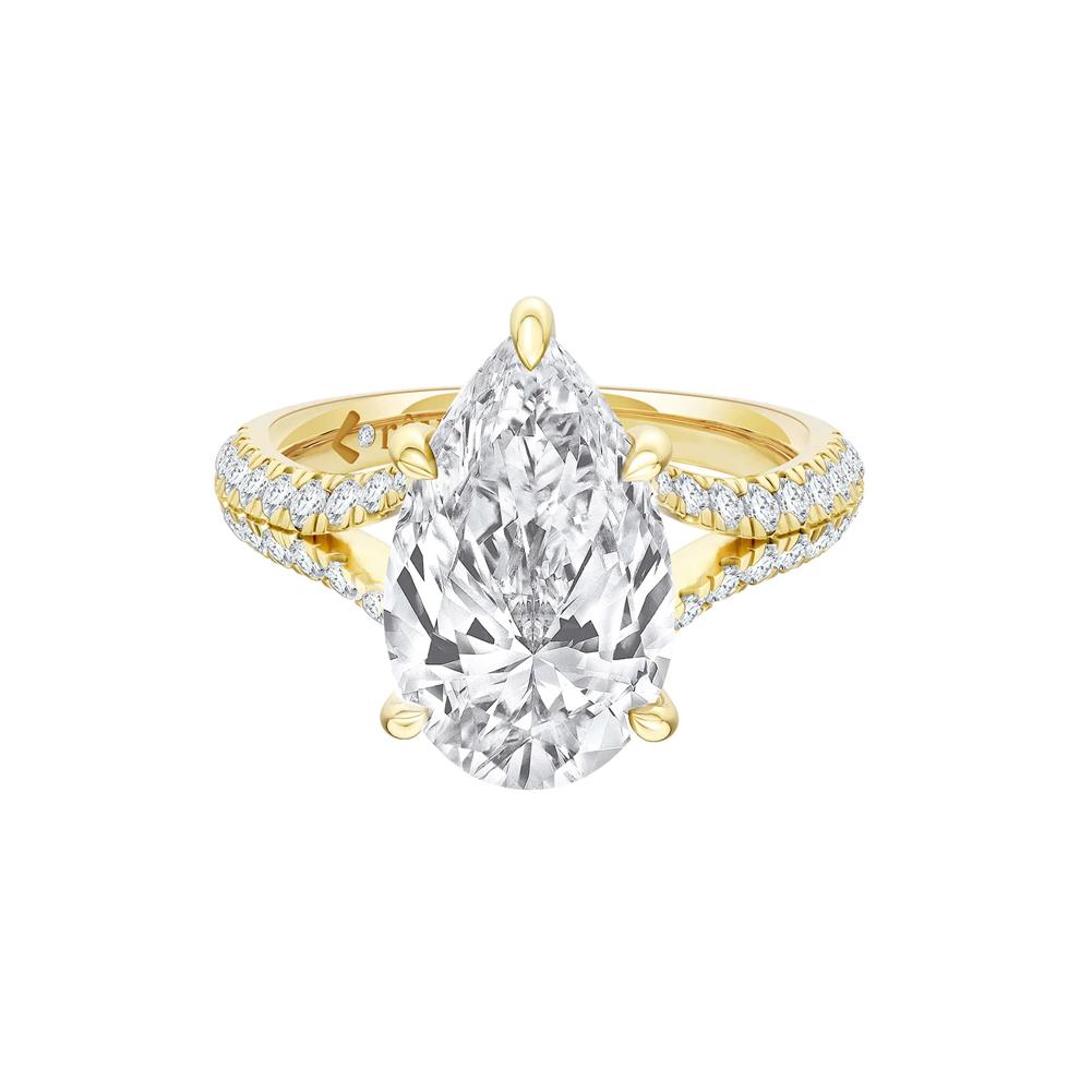 Zoe Lab Grown Diamond Pear-Shaped &amp; Round Engagement Ring in 14K Yellow Gold (4 1/2 ct. tw.) – Image 1 of 5