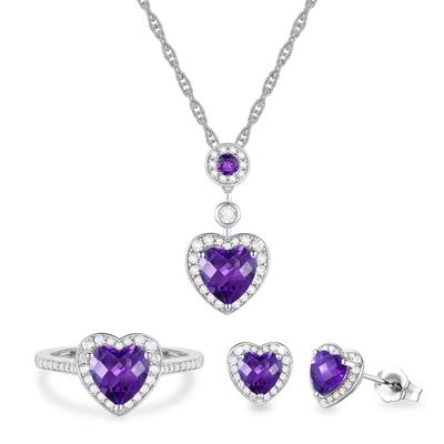 Amethyst & Lab-Created White Sapphire Heart Pendant, Earrings, & Ring Boxed Set in Sterling Silver