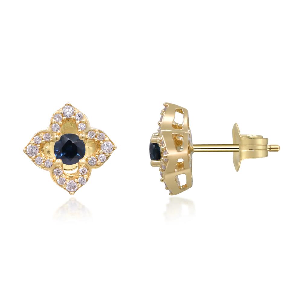 Blue Sapphire &amp; Diamond Clover Stud Earrings in 10K Yellow Gold (1/7 ct. tw.) – Image 3 of 3