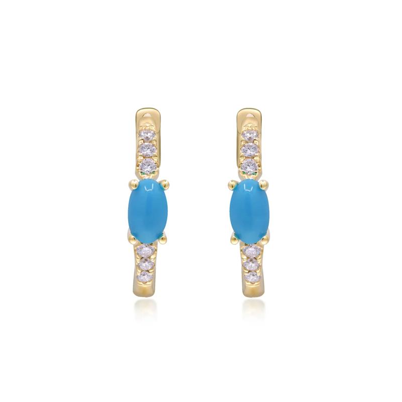 Turquoise and Diamond Huggie Hoop Earrings in 10K Yellow Gold &#40;1/8 ct. tw.&#41; – Image 3 of 3