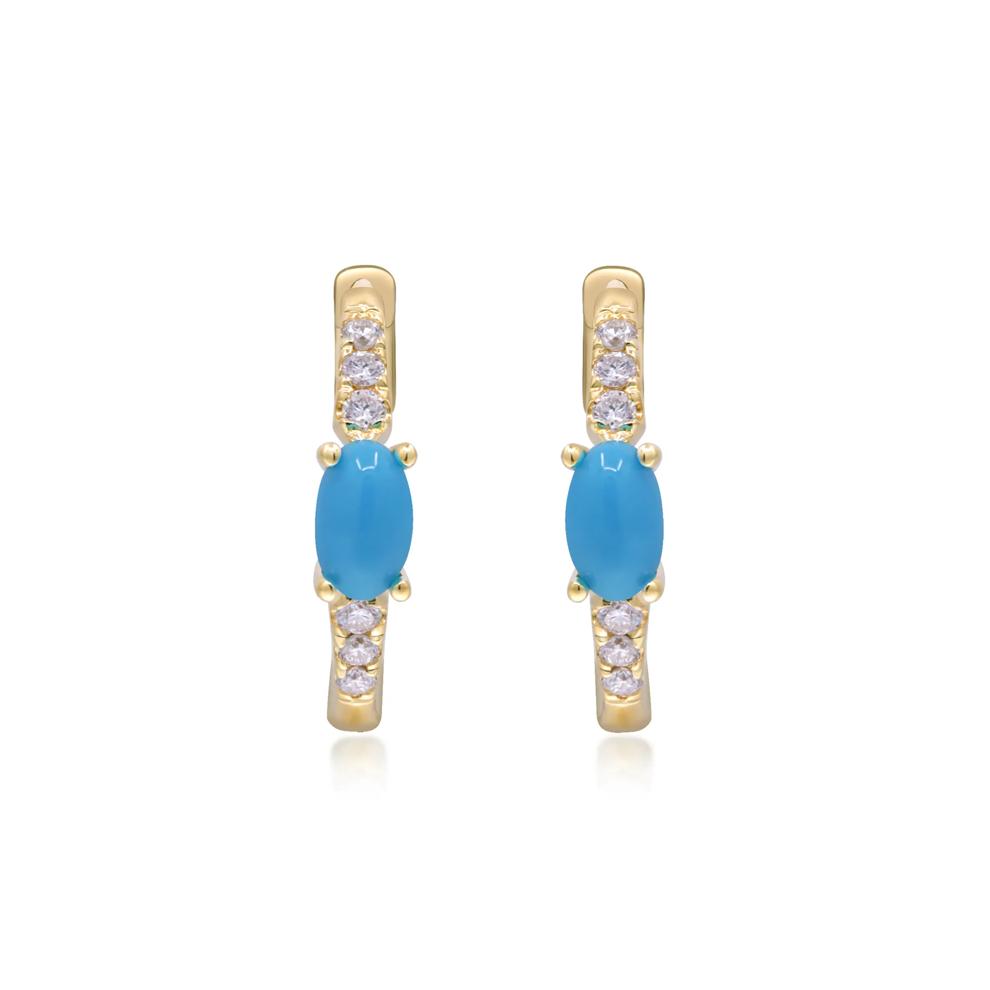 Turquoise and Diamond Huggie Hoop Earrings in 10K Yellow Gold (1/8 ct. tw.) – Image 3 of 3